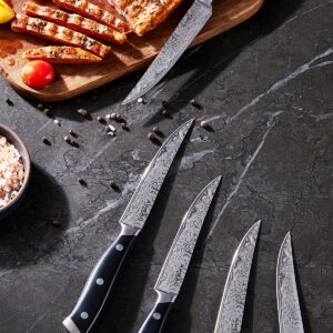 Aiheal Steak Knives Set of 8 with Beech Knife Block, 4.5 Inch Steak Knives with Unique Damascus Pattern, Non Serrated Stainless Steel Steak Knife Set, Full Tang Handle Design for Kitchen Dinner