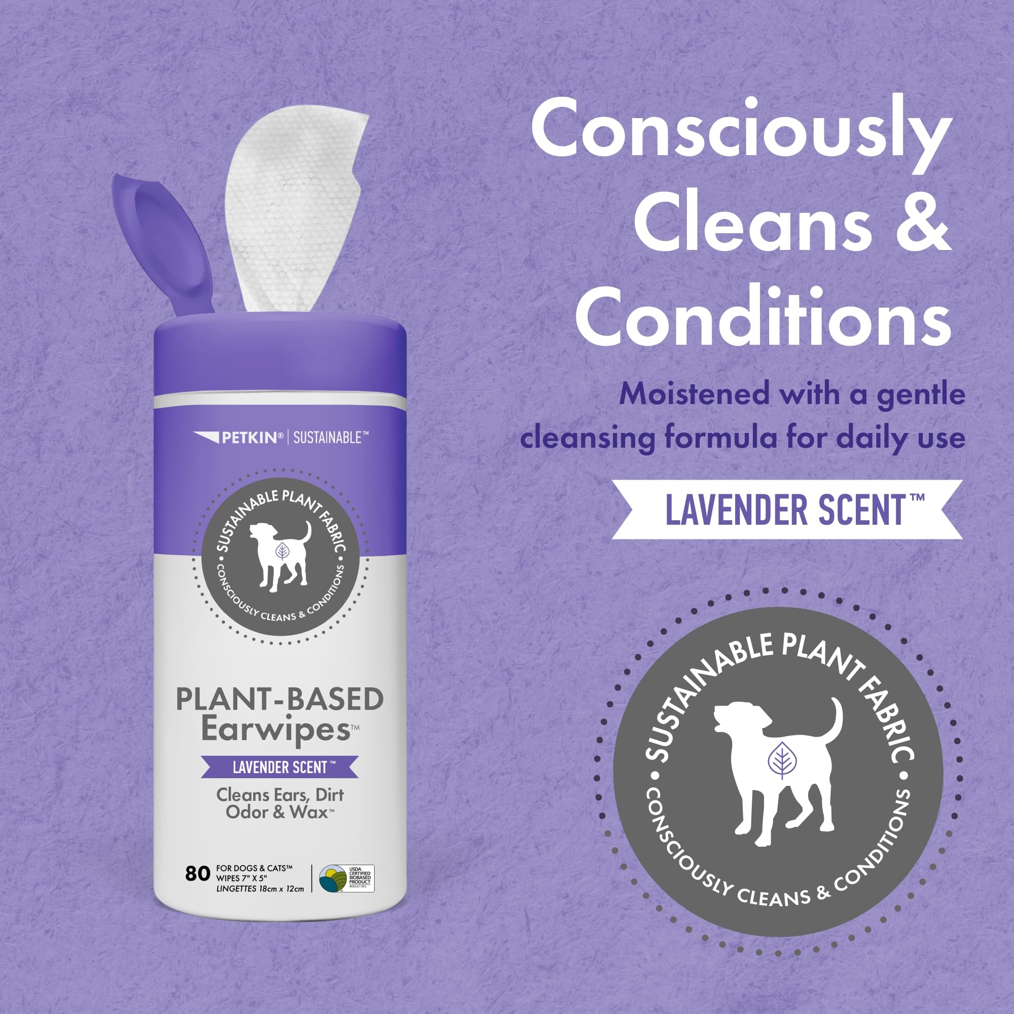 Petkin Plant-Based EarWipes, 80 Wipes - Biobased & Sustainable Pet Ear Wipes for Dogs & Cats - Cleans Ear Area, Dirt, Odor & Wax - Consciously Cleans & Conditions - Easy to Use - Lavender