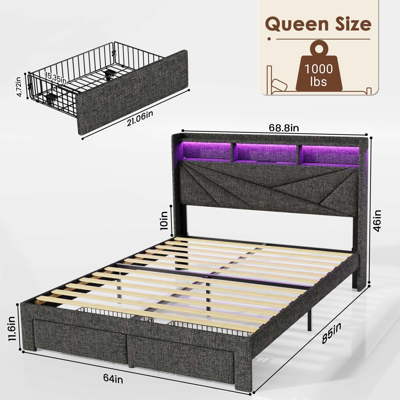 Driftalia LED Queen Bed Frame with 2 Storage Drawers, Upholstered Bed Frame Queen Size with Headboard and Charging Station, No Box Spring Needed, Easy to Assembly-Dark Grey