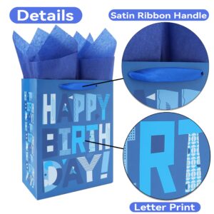 2 Pack 10.6” Medium Blue Gift Bag Set with Greeting Card and Tissue Papers (Blue Happy Birthday) for Men's Birthday Party, Kids' Parties, Baby Shower, or Baby Boy - 8.3”x4.3”x10.6”, 1 Pcs