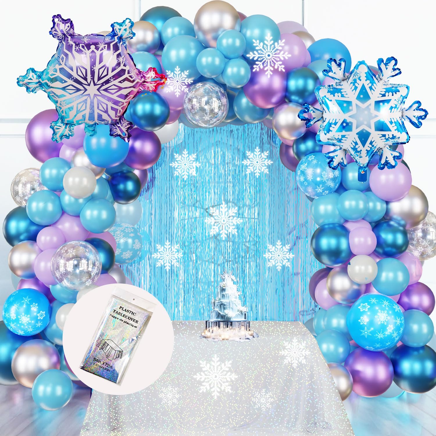 Snow Birthday Party Supplies Winter Wonderland Balloon Garland Arch Kit Metallic Blue, Purple Balloons, Snowflake Tablecoth for Frozen Mermaid, for Alice Themed Princess Girl Baby Shower Party Decor