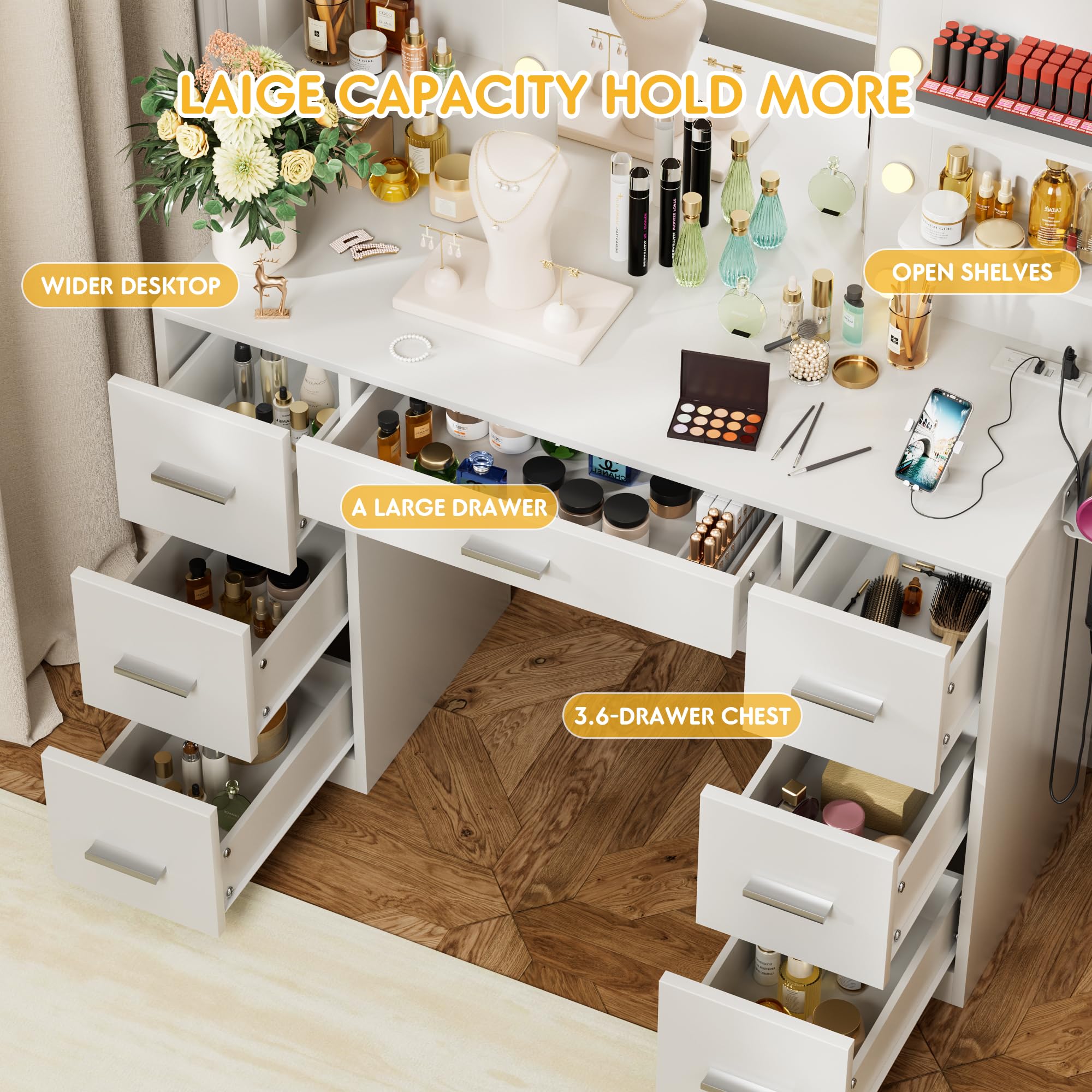 VICTONE Vanity Desk with LED Lighted Mirror&Power Outlet, 3 Model Lights Makeup Vanity Table with 7 Drawers and 6 Storage Shelves for Bedroom and Dressing Room (White)