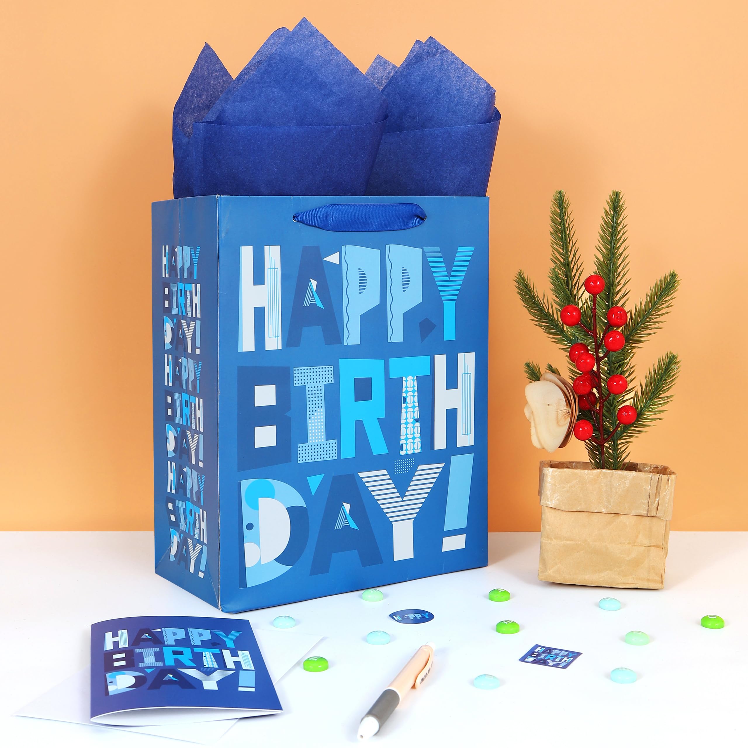 2 Pack 10.6” Medium Blue Gift Bag Set with Greeting Card and Tissue Papers (Blue Happy Birthday) for Men's Birthday Party, Kids' Parties, Baby Shower, or Baby Boy - 8.3”x4.3”x10.6”, 1 Pcs