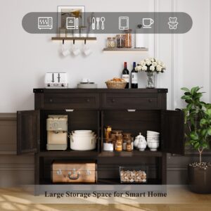 HOSTACK Buffet Sideboard Cabinet with Storage, 47.2" Modern Farmhouse Coffee Bar with 2 Drawers, Barn Door Console Table with Shelf for Kitchen, Dining Room, Living Room, Entryway (Dark Brown)