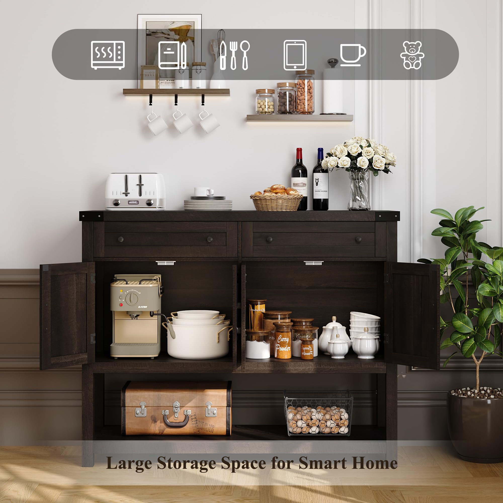 HOSTACK Buffet Sideboard Cabinet with Storage, 47.2" Modern Farmhouse Coffee Bar with 2 Drawers, Barn Door Console Table with Shelf for Kitchen, Dining Room, Living Room, Entryway (Dark Brown)