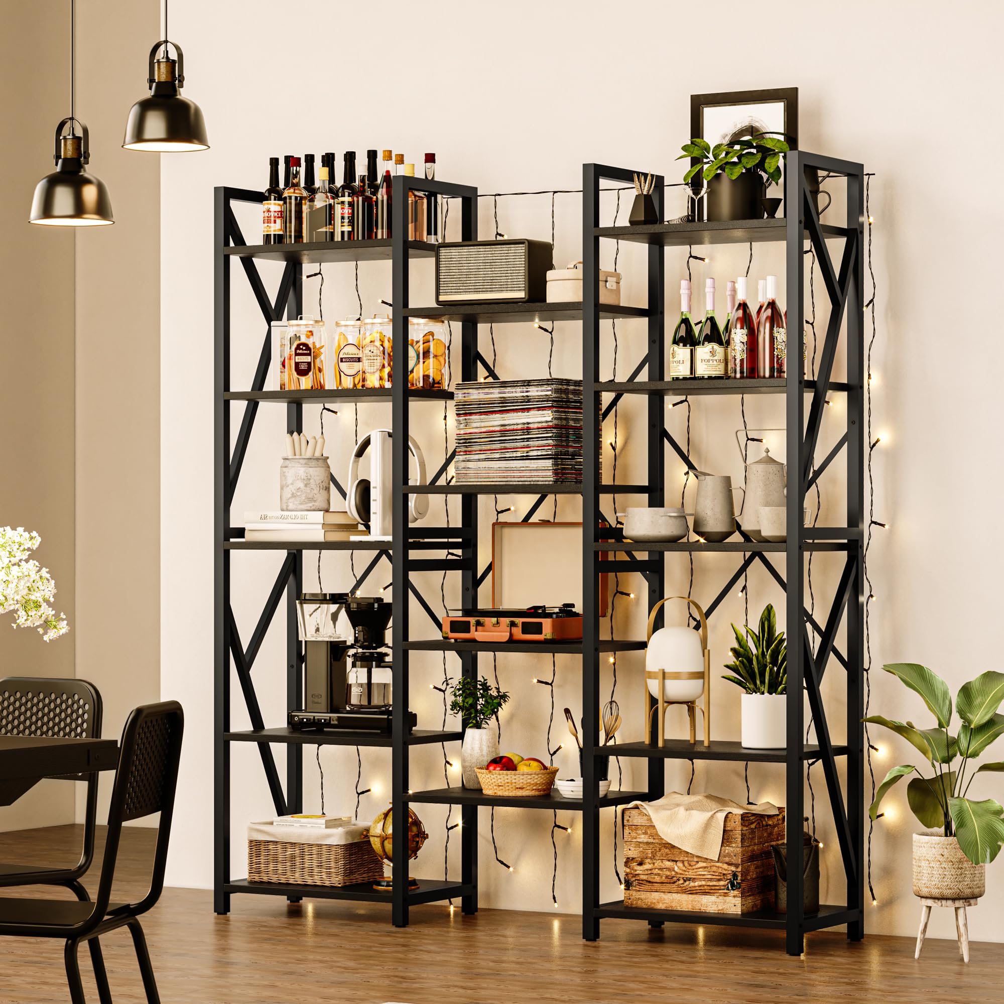 GAOMON Triple Wide 5 Tier Book Shelf, 70.8” Tall Bookcase with 14 Open Shelves, Large Industrial Bookshelves and Bookcases with Metal Frame for Home Office, Study Room, Living Room-Black