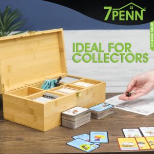 7Penn Trading Card Storage Box - 6 Compartment Bamboo Card Organizer Box with Dividers - 1200 Card Latching Wooden Top Loading Organizing Case for Collecting Sports Cards and Role Playing Game Cards