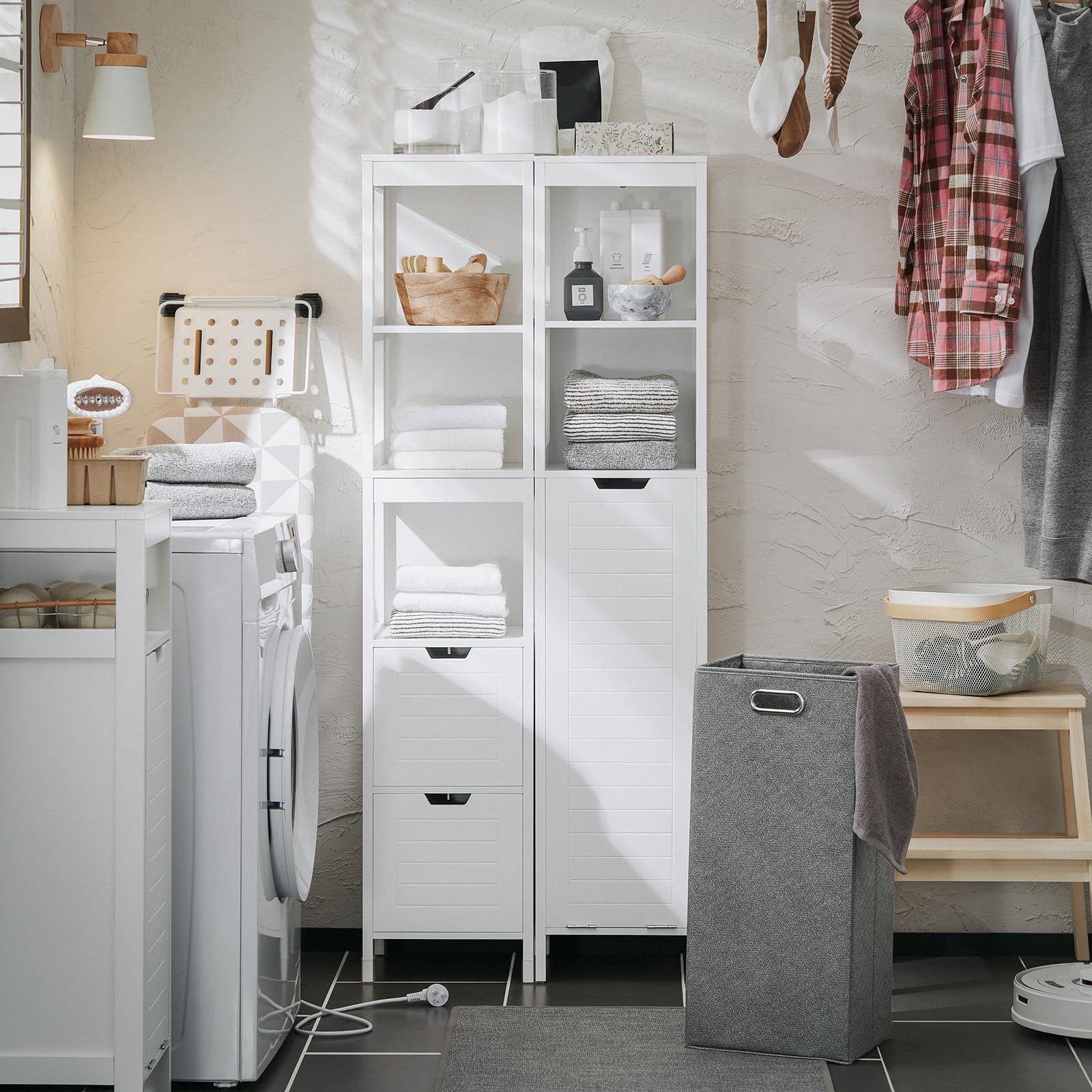 SoBuy Slim Tall Bathroom Cabinet with Removable Laundry Hamper, Laundry Cupboard Bathroom Storage Cabinet, Laundry Cabinet with Shelf, White BZR123-W