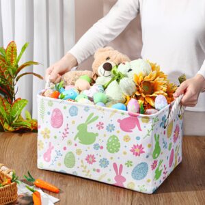 Sunnychicc Easter Basket, Easter Eggs Bunny Flower Foldable Storage Bins with Handles, Easter Canvas Cubes Fabric Collapsible Organizer Bag for Storage Clothes(Bunny Eggs, 2 Pcs)