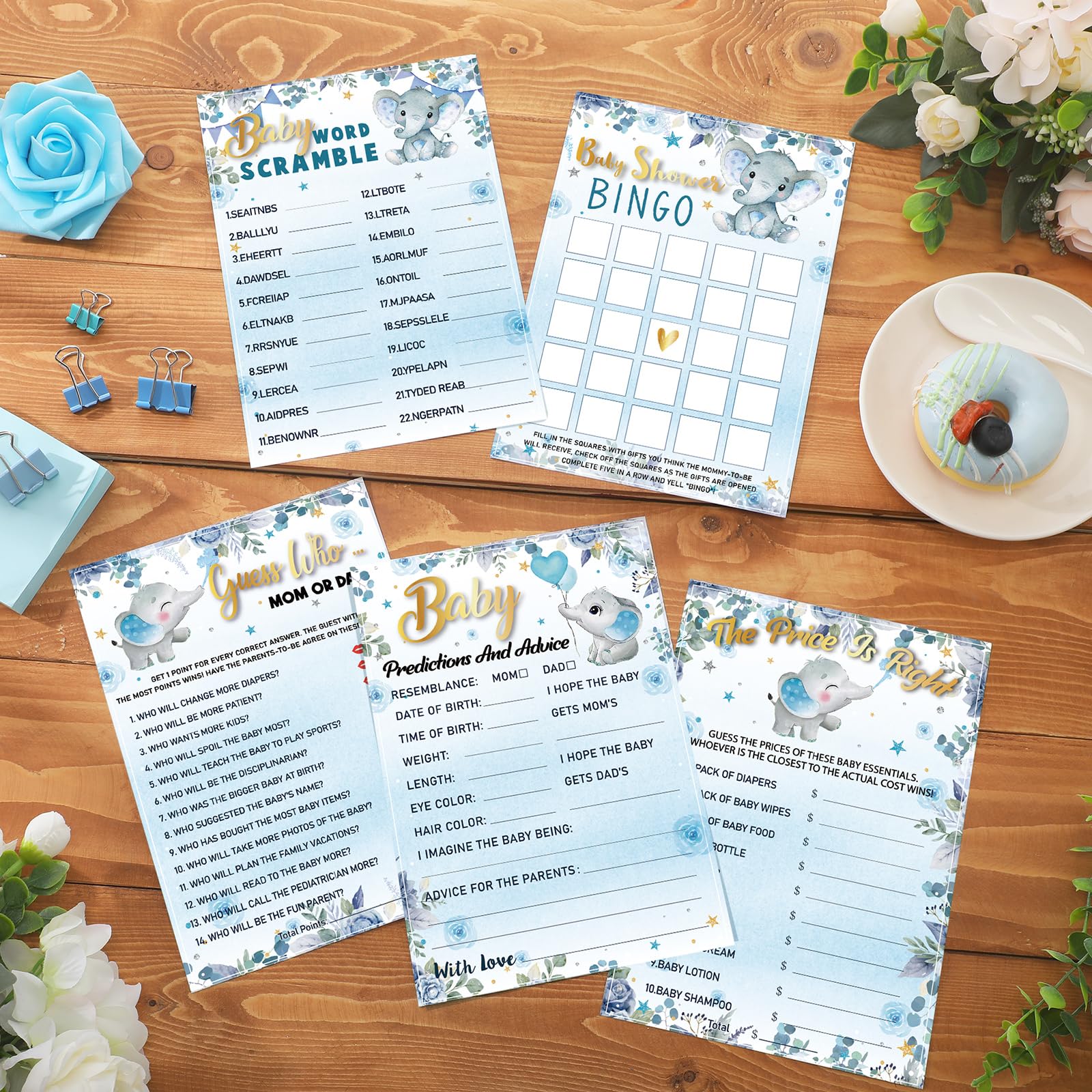 Jetec 302 Pcs Blue Elephant Theme Baby Shower Games, 6 Games, 50 Sheets Each, Include Baby Shower Bingo, Word Scramble, Word Search, Baby Predictions and Advice, The Price is Right, Guess Who