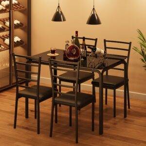 Glass Dining Table Set for 4, Kitchen Table and Chairs for 4, 5 Piece Kitchen Dining Room Table Set,Space-Saving Wood Modern Rectangle Dinner Table Dinette Furniture for Breakfast Nook,Home Office