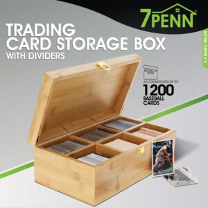 7Penn Trading Card Storage Box - 6 Compartment Bamboo Card Organizer Box with Dividers - 1200 Card Latching Wooden Top Loading Organizing Case for Collecting Sports Cards and Role Playing Game Cards