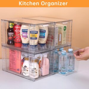 4Pack Large Stackable Kitchen Storage Drawers, Clear Foods Organizer Bins with Handles, Easily Assemble for Bathroom, Kitchen, Pantry, Cabinet, Closet(XL-UP Handle)