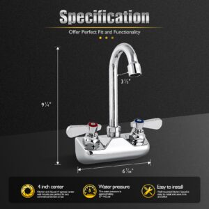 Upgraded 4 Inch Center Commercial Sink Faucet Wall Mount Kitchen Hand Sink Faucet, Ceramic Valve, Premium Brass, Chrome Finish, 3-1/2" Gooseneck Spout, Easy-Use Dual Lever