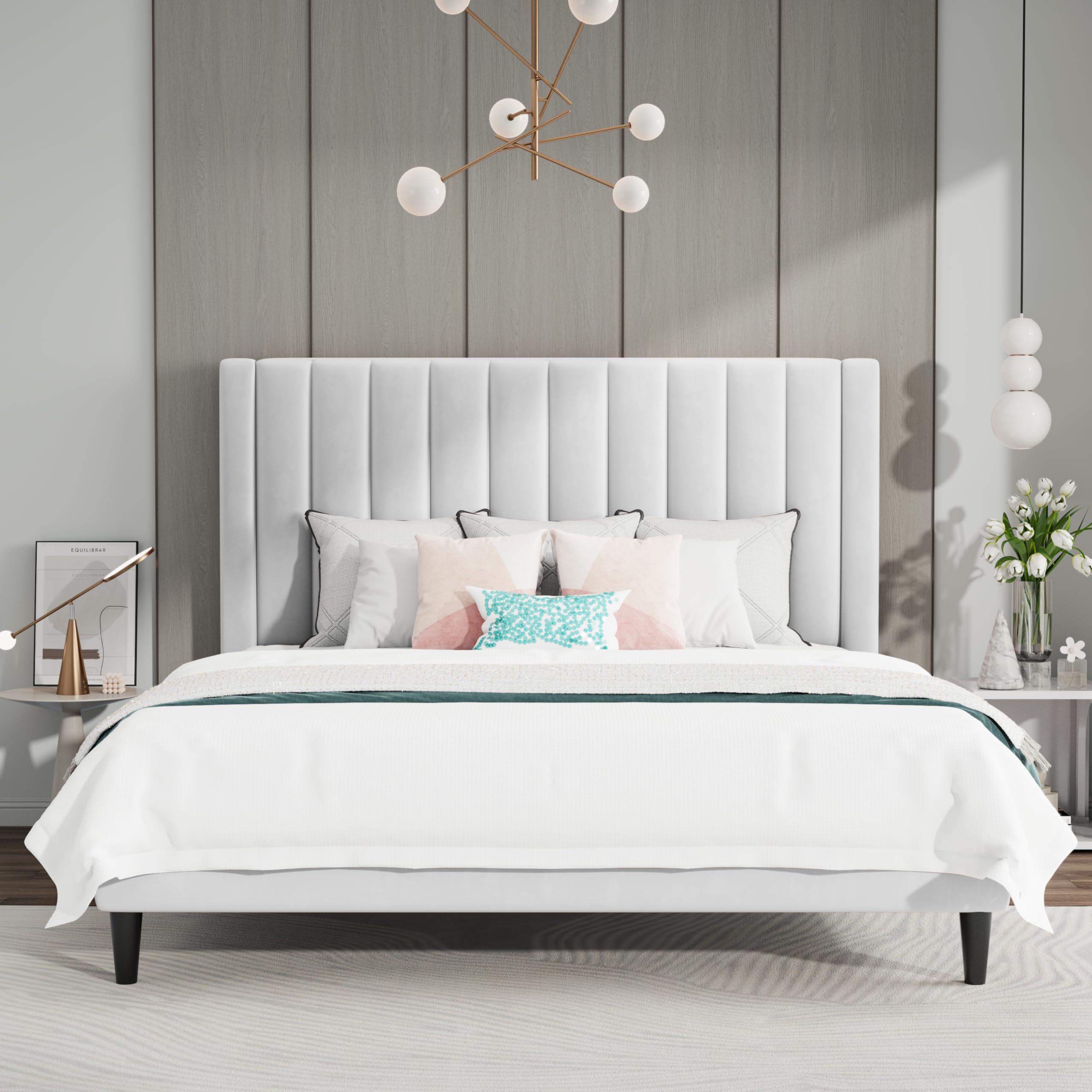 SHA CERLIN Queen Bed Frame/Velvet Upholstered Platform Bed Frame with Headboard/Strong Wood Slats Support/Mattress Foundation/No Box Spring Needed/Easy Assembly/White