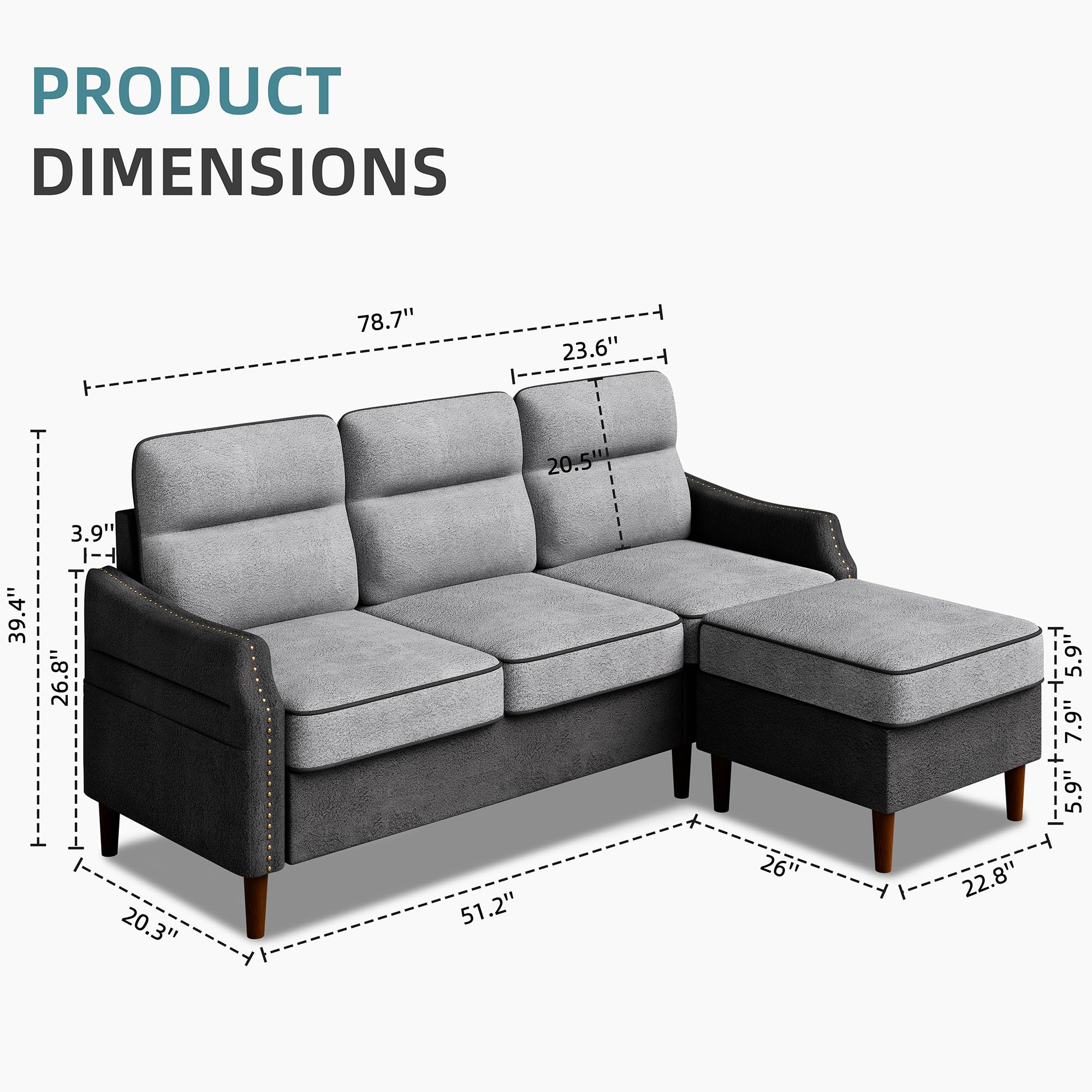 JAMFLY Sectional L Shaped Sofa Couch with Side Storage Bag, Convertible Sofa for Living Room with Reversible Chaise and Rivet Decor for Apartment and Small Space, Grey