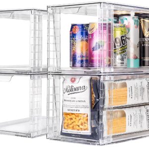 4Pack Large Stackable Kitchen Storage Drawers, Clear Foods Organizer Bins with Handles, Easily Assemble for Bathroom, Kitchen, Pantry, Cabinet, Closet(XL-UP Handle)