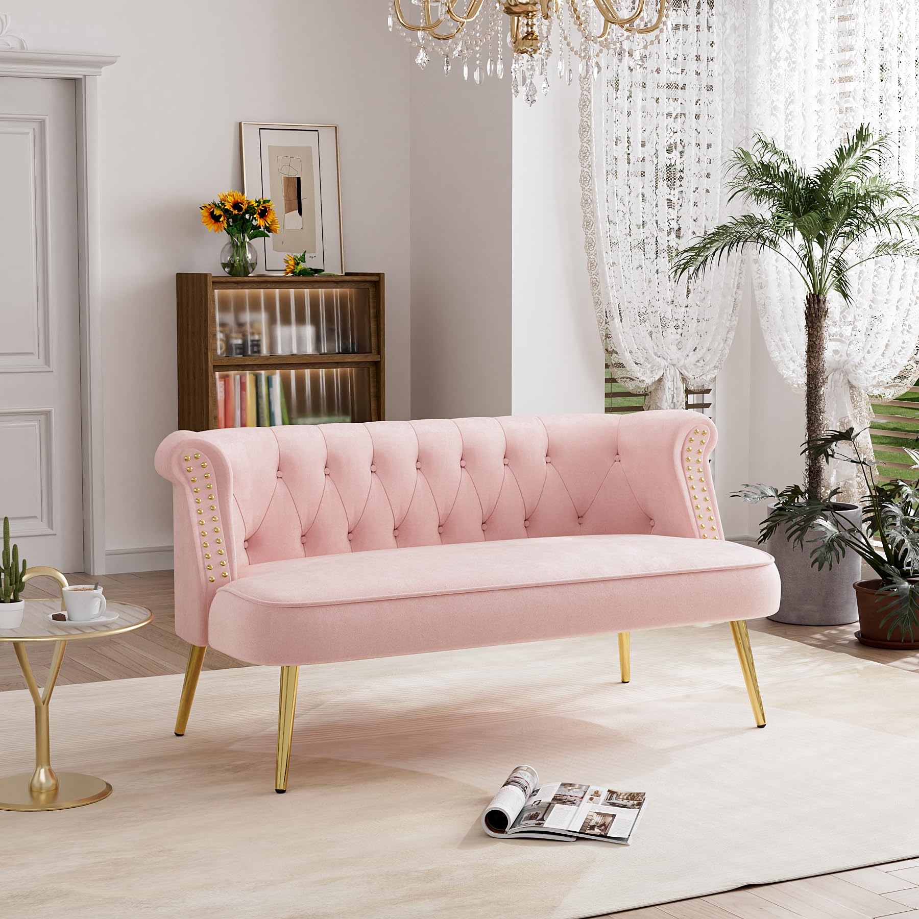 DAMAIFROM Velvet Loveseat Sofa, Modern 2 Seater Sofa with Gold Legs, 51" W Upholstered Tufted Couch for Living Room, Comfy Love Seat Small Furniture for Apartment, Small Spaces, Pink