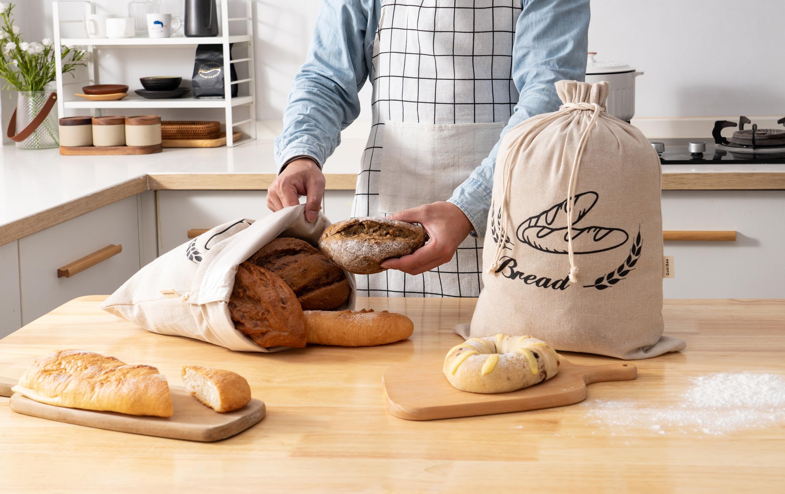 GobiSea 2 Pack Bread Bags for Homemade Bread - Plastic Lined - Reusable Linen Bread Bag with Plastic Liner For Sourdough & Bread Storage - 20" x 14"