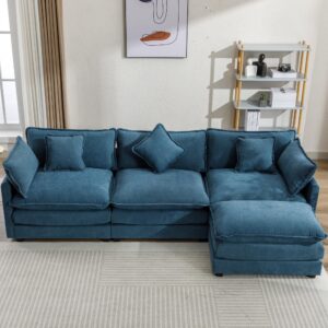 JIVOIT 112.2" L-Shape Chenille Upholstered Sofa with 5 Pillows, Modern Luxury Sofa Couch with Removable Ottoman, 3-Seater Couch Sectional Sofa Set for Living Room (Blue-5 Pillows)