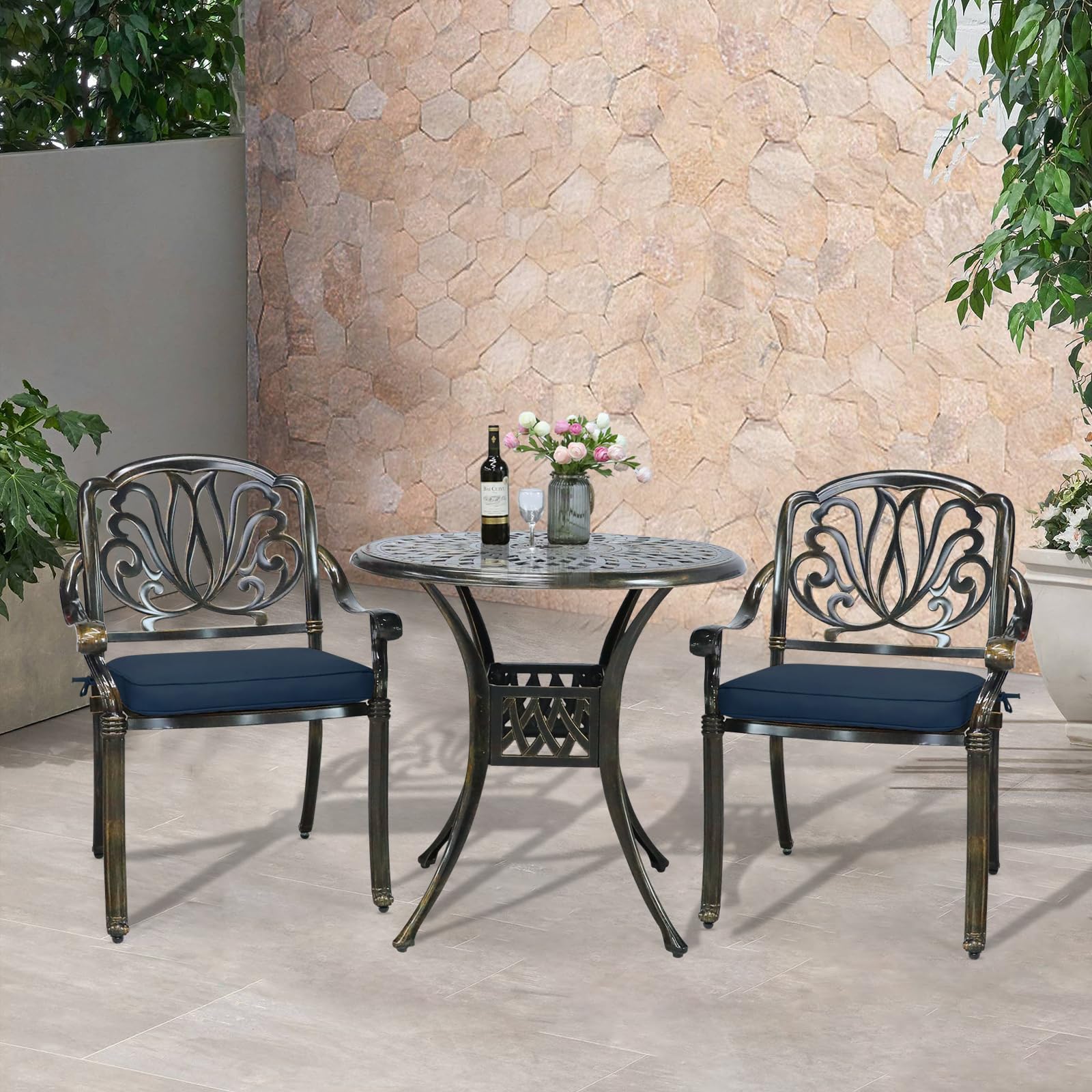 VIVIJASON 3-Piece Patio Furniture Dining Set, All-Weather Cast Aluminum Outdoor Bistro Set, Include 2 Chairs, 2 Cushions and 31" Round Table w/Umbrella Hole for Balcony, Backyard, Navy Blue Cushion