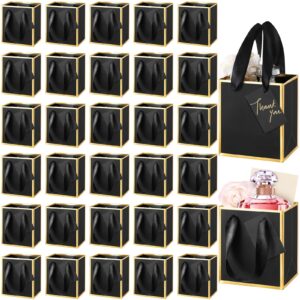 yeaqee 50 pcs mini metallic paper gift bags with handles 4x2.75x4.5'' tiny small gift bags with thank you tag for thanksgiving day christmas fall holiday wedding bridesmaid(black, gold)