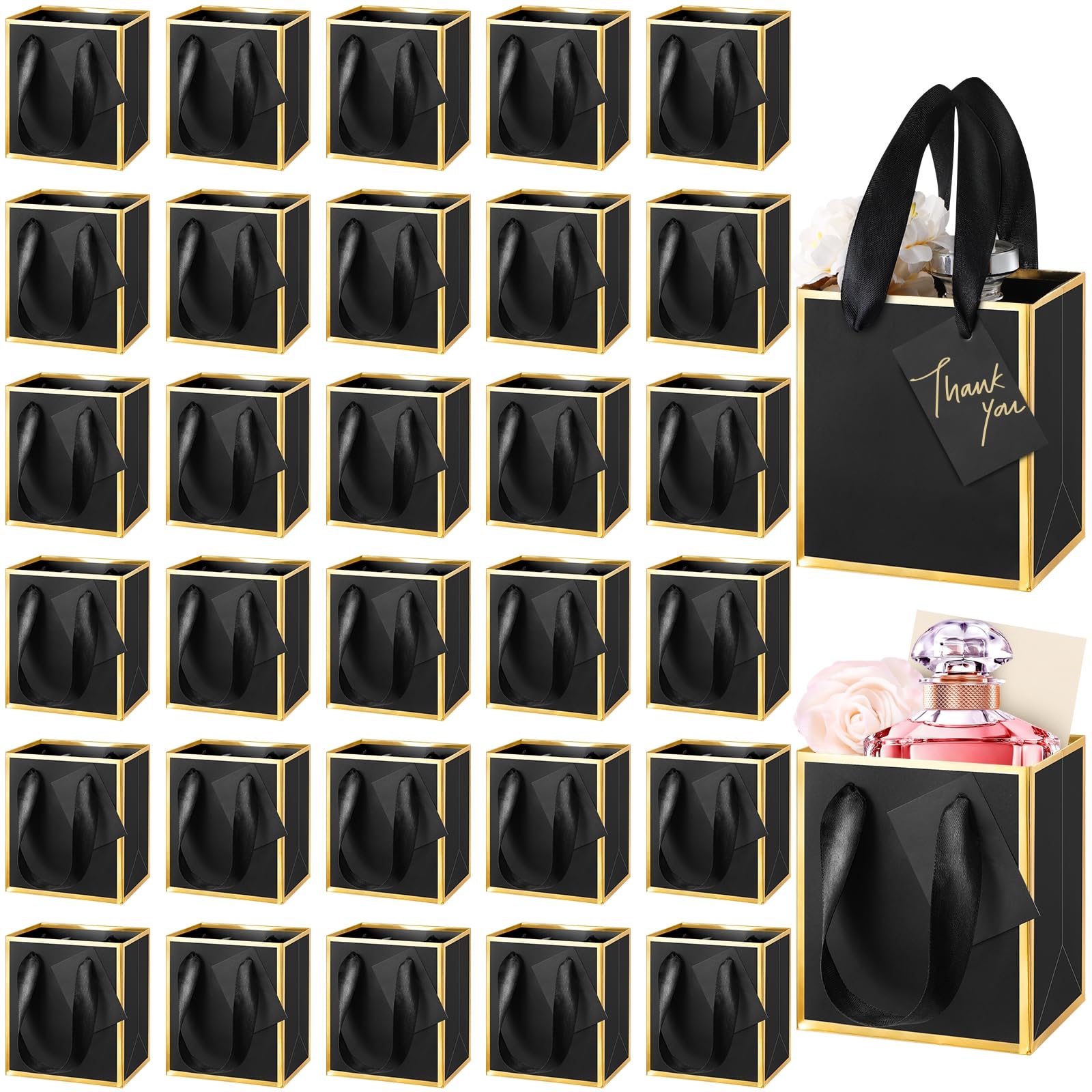 Yeaqee 50 Pcs Mini Metallic Paper Gift Bags with Handles 4x2.75x4.5'' Tiny Small Gift Bags with Thank You Tag for Thanksgiving Day Christmas Fall Holiday Wedding Bridesmaid(Black, Gold)