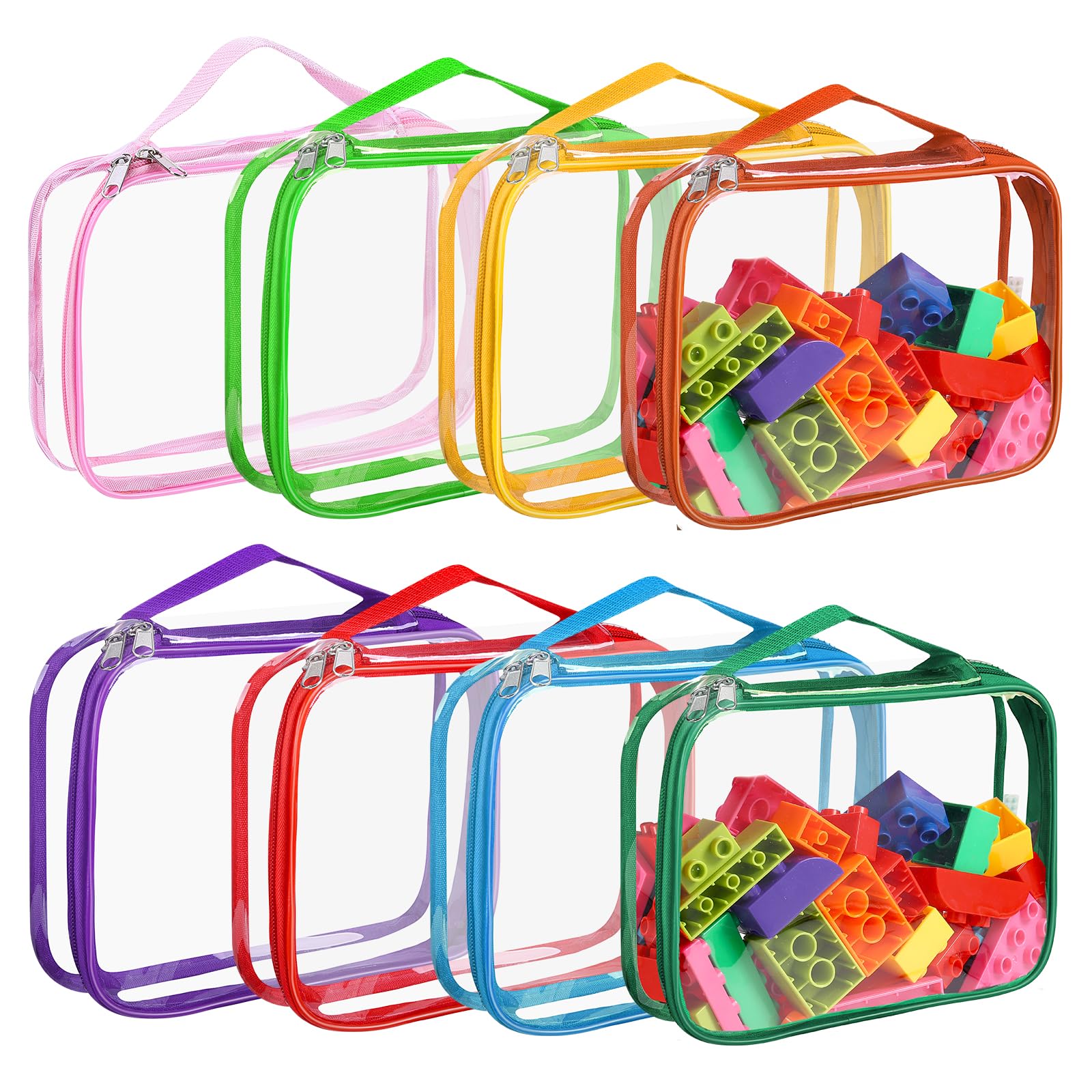 8 Packs Toy Storage Bags with Zipper, Clear PVC Organizing Bags, Reusable Toy Storage Organizer with Portable Handle, Travel Waterproof Organizer Bags for Building Blocks, Puzzle, Toys and Books