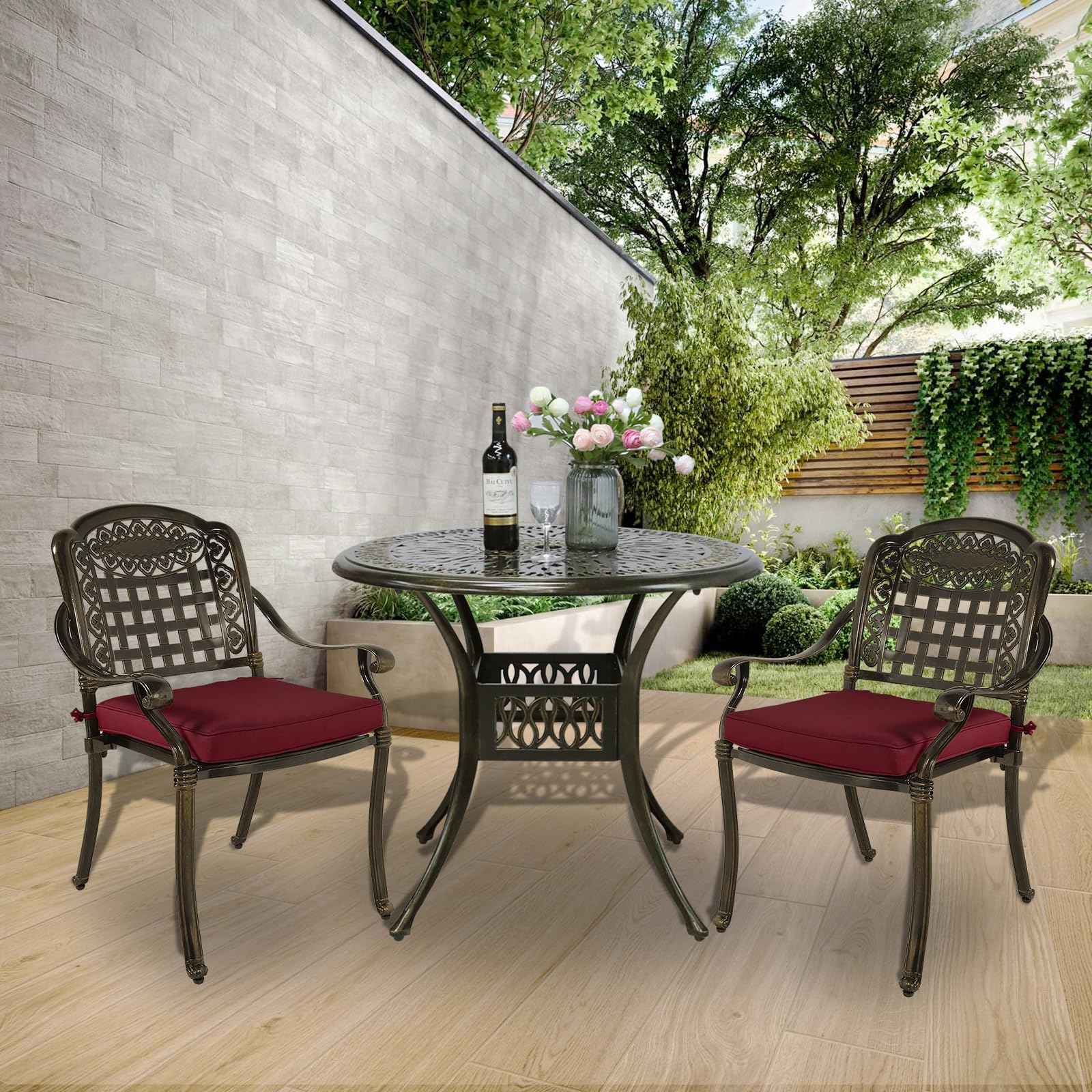 MEETWARM 3 Piece Patio Bistro Set, Outdoor All-Weather Cast Aluminum Dining Furniture Set Includes 2 Chairs with Cushions and a 35.4” Round Table with Umbrella Hole for Garden Deck, Chili Red