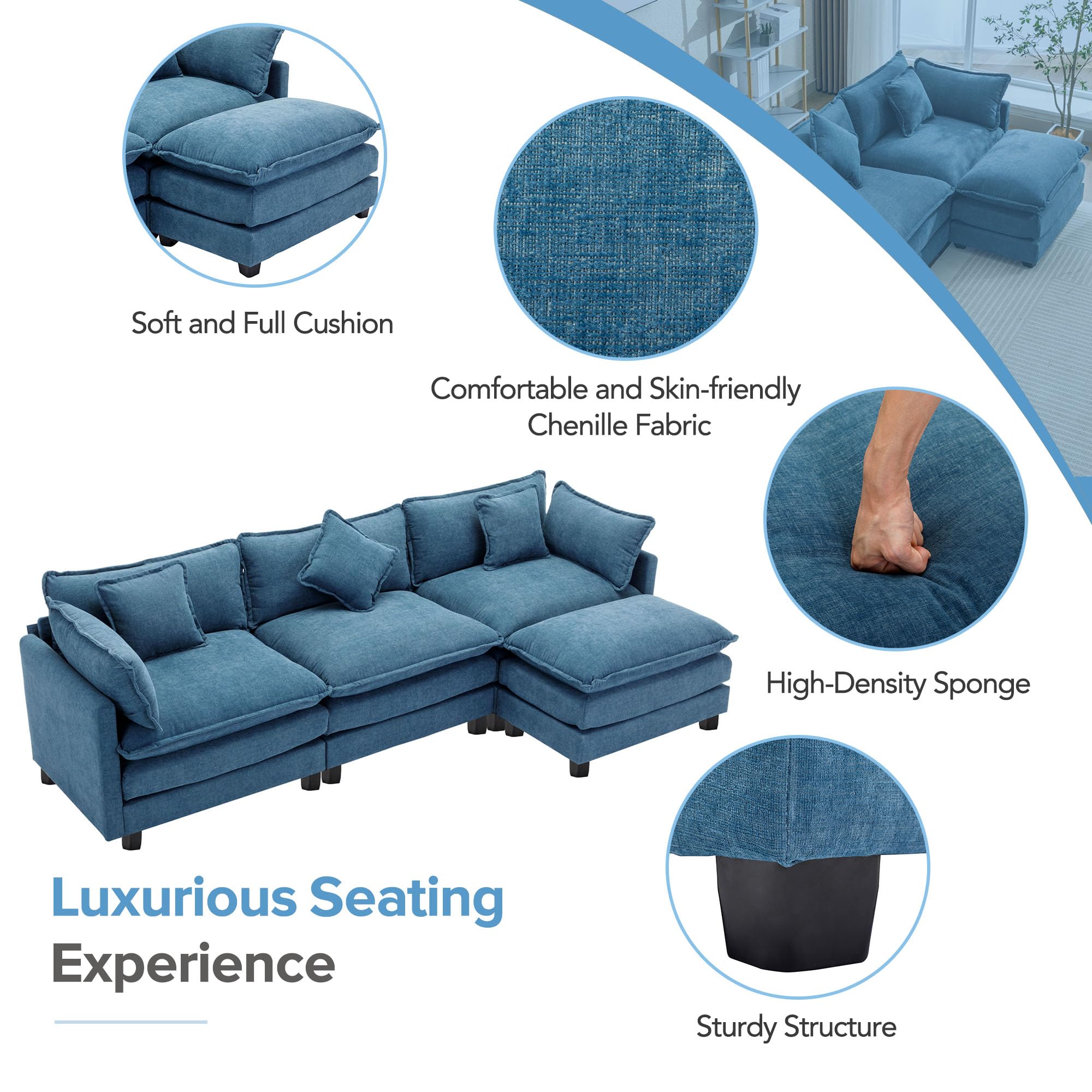 JIVOIT 112.2" L-Shape Chenille Upholstered Sofa with 5 Pillows, Modern Luxury Sofa Couch with Removable Ottoman, 3-Seater Couch Sectional Sofa Set for Living Room (Blue-5 Pillows)