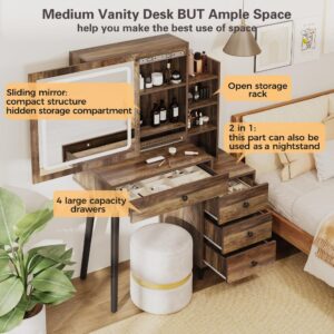 Sunvivi Vanity Desk with Sliding Mirror and LED Lights, 2 in 1 Wooden Makeup Vanity Desk for Nightstand and Dressing Table, Compact Medium Makeup Table with Sliding Mirror for More Storage Space