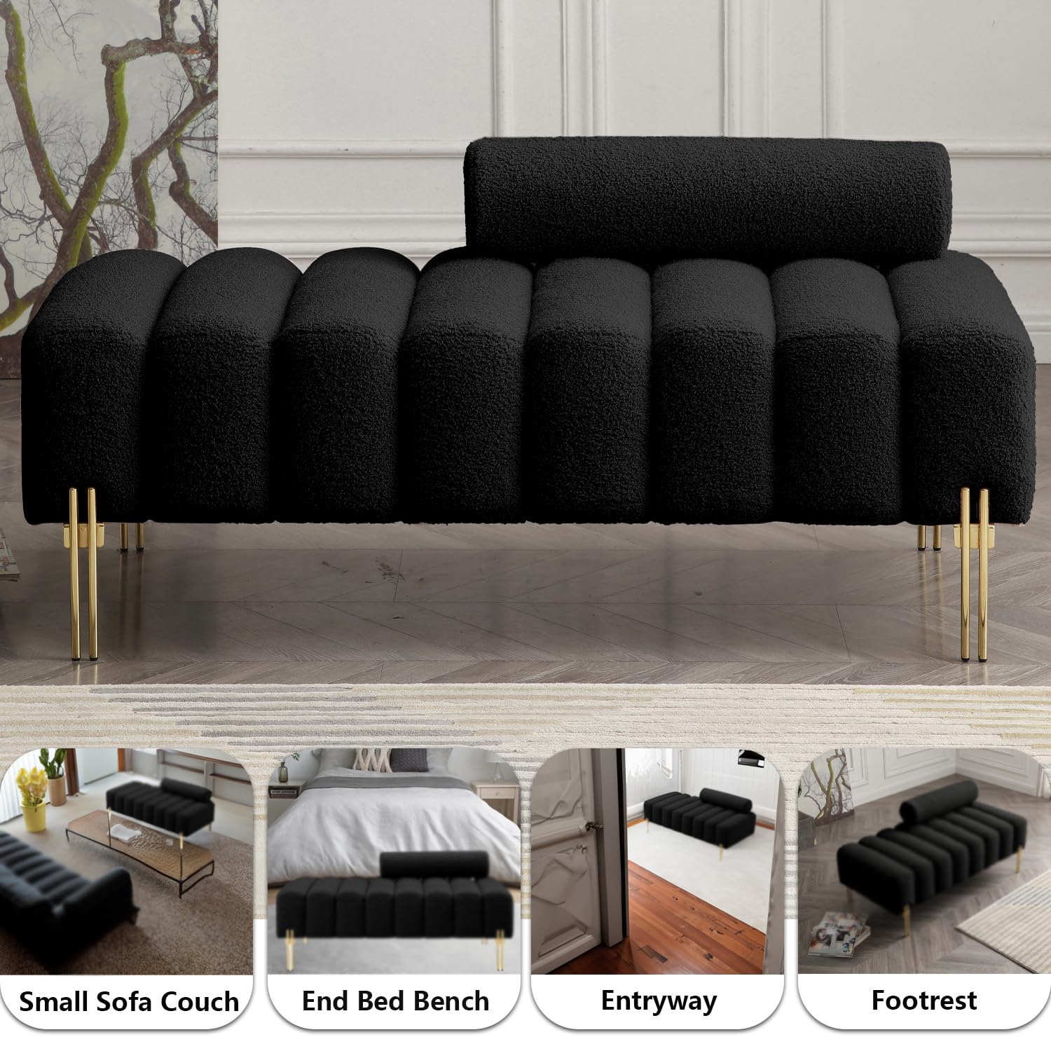 ivoros Modern Sofa Couch Loveseat Bench, Upholstered Tufted Settee Love seat with Gold Legs and Adjustable Backrest, Small Sofas and couhes end of Bed for Living Room, Bedroom, Shops 53.2"-Black