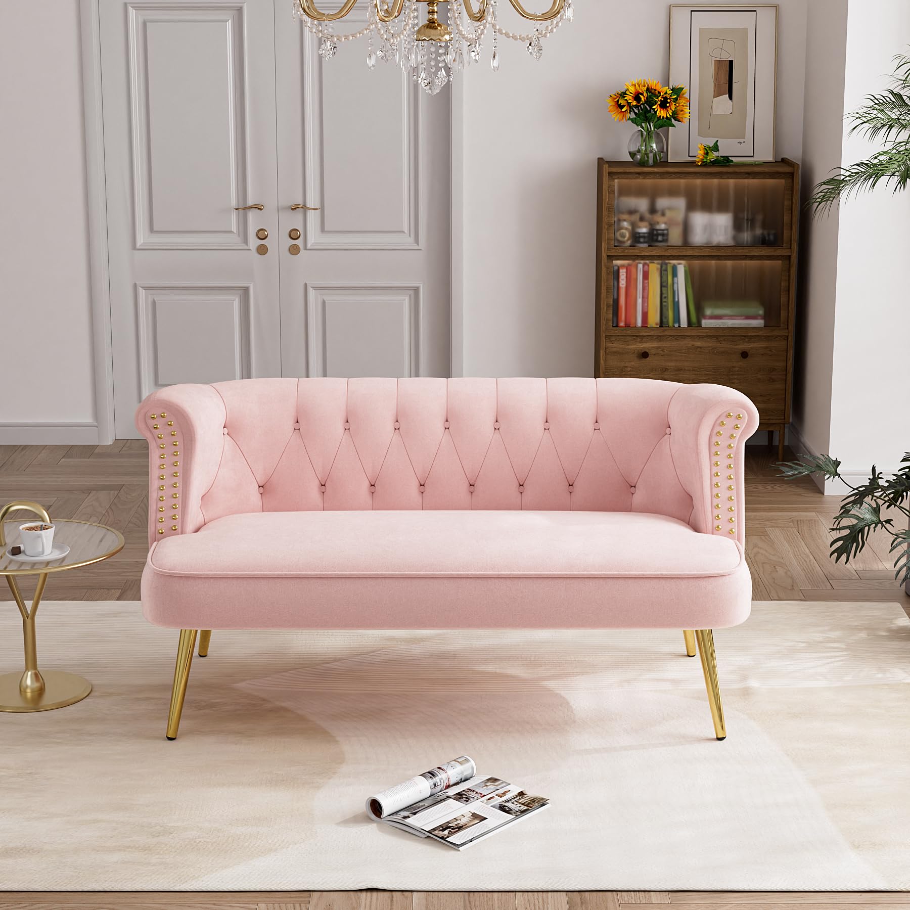 DAMAIFROM Velvet Loveseat Sofa, Modern 2 Seater Sofa with Gold Legs, 51" W Upholstered Tufted Couch for Living Room, Comfy Love Seat Small Furniture for Apartment, Small Spaces, Pink