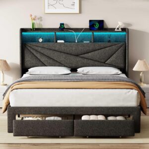 driftalia led queen bed frame with 2 storage drawers, upholstered bed frame queen size with headboard and charging station, no box spring needed, easy to assembly-dark grey