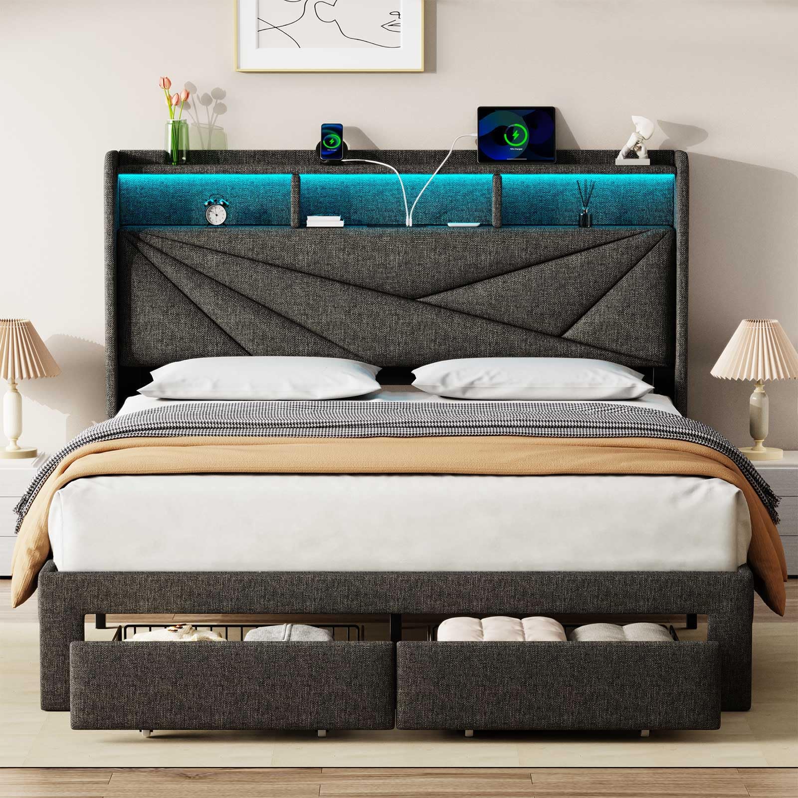 Driftalia LED Queen Bed Frame with 2 Storage Drawers, Upholstered Bed Frame Queen Size with Headboard and Charging Station, No Box Spring Needed, Easy to Assembly-Dark Grey