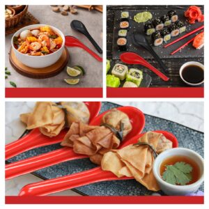 Hushee 200 Pieces Asian Soup Bulk Spoons 6.3 Inch Chinese Japanese Korean Style Spoon Serving Wonton Soba Rice Melamine Spoon with Hook for Pho Ramen Noodle Dumpling Dinner, Black and Red