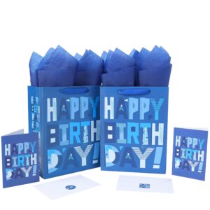 2 pack 10.6” medium blue gift bag set with greeting card and tissue papers (blue happy birthday) for men's birthday party, kids' parties, baby shower, or baby boy - 8.3”x4.3”x10.6”, 1 pcs