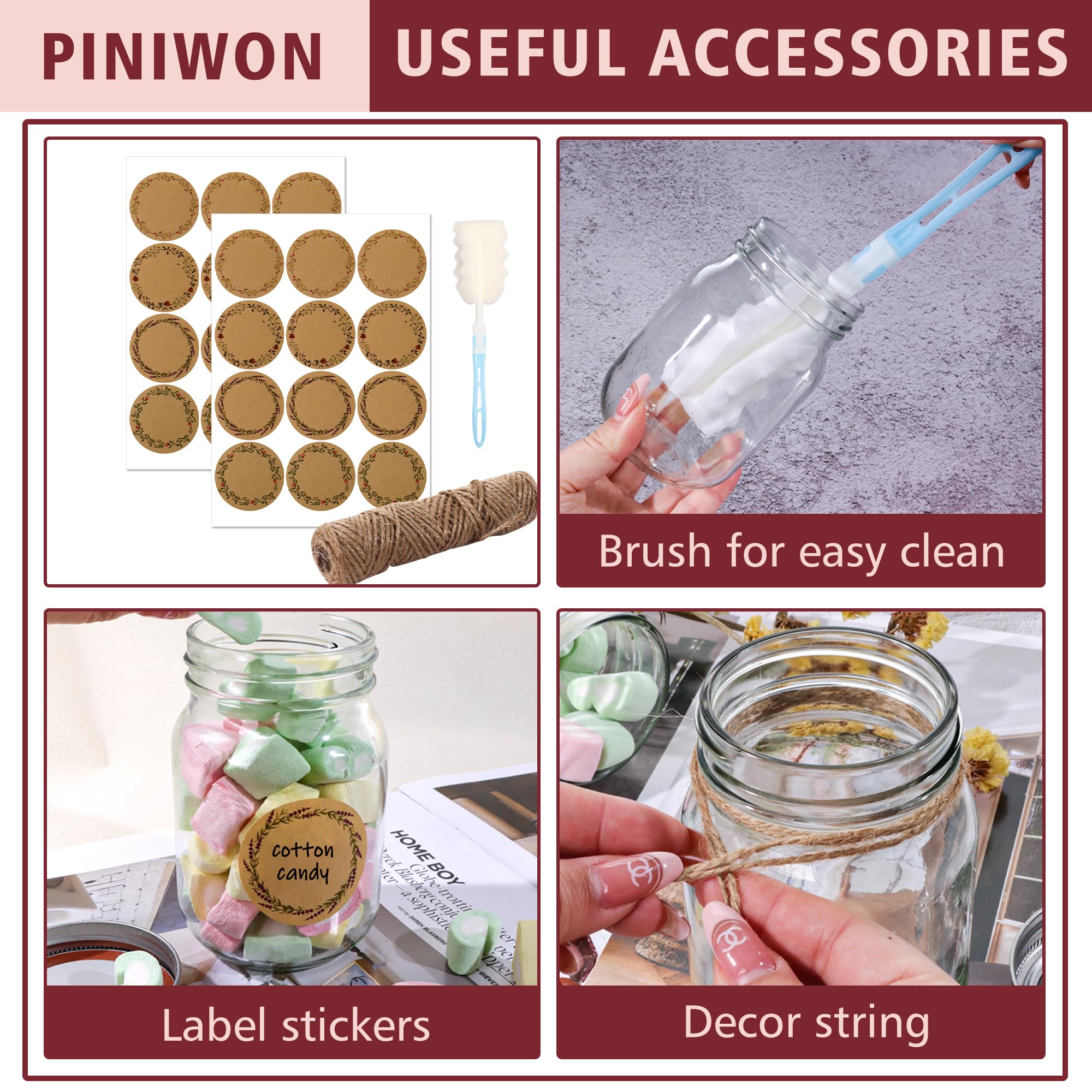 PINIWON Mason Jars 16 oz with Airtight Lids and Bands, 15 Pack Regular Mouth Canning Jars, Clear Glass Pint Jars for Canning, Pickling, Food Storage, DIY Projects, 24 Labels, Brush & String Included