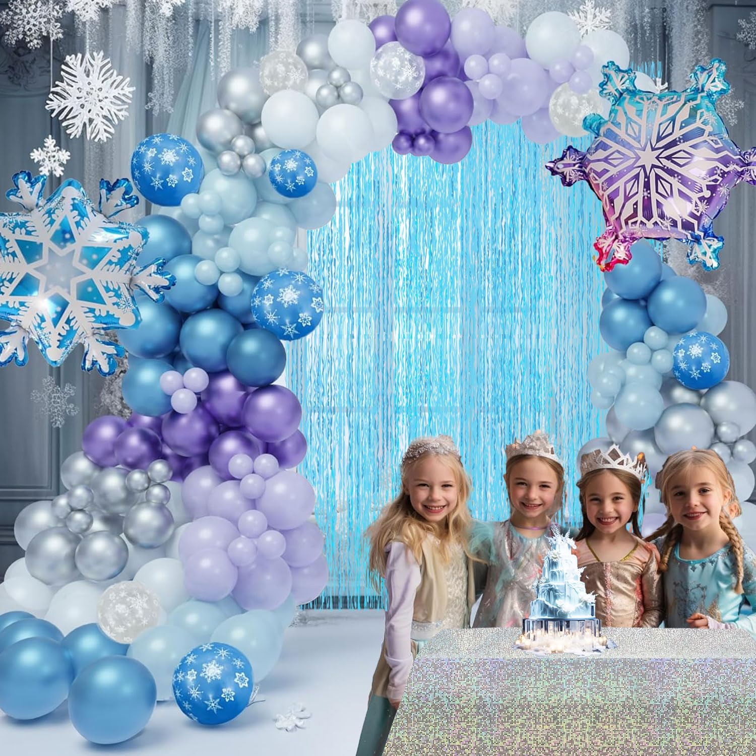 Snow Birthday Party Supplies Winter Wonderland Balloon Garland Arch Kit Metallic Blue, Purple Balloons, Snowflake Tablecoth for Frozen Mermaid, for Alice Themed Princess Girl Baby Shower Party Decor