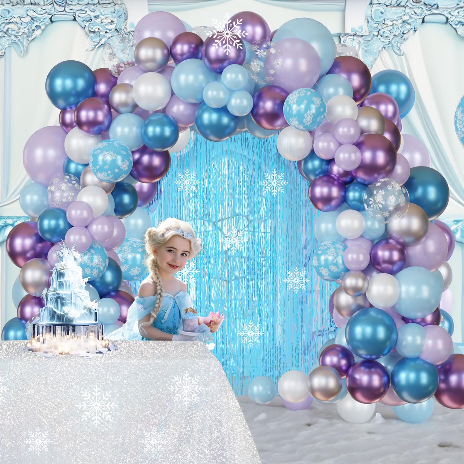 Snow Birthday Party Supplies Winter Wonderland Balloon Garland Arch Kit Metallic Blue, Purple Balloons, Snowflake Tablecoth for Frozen Mermaid, for Alice Themed Princess Girl Baby Shower Party Decor