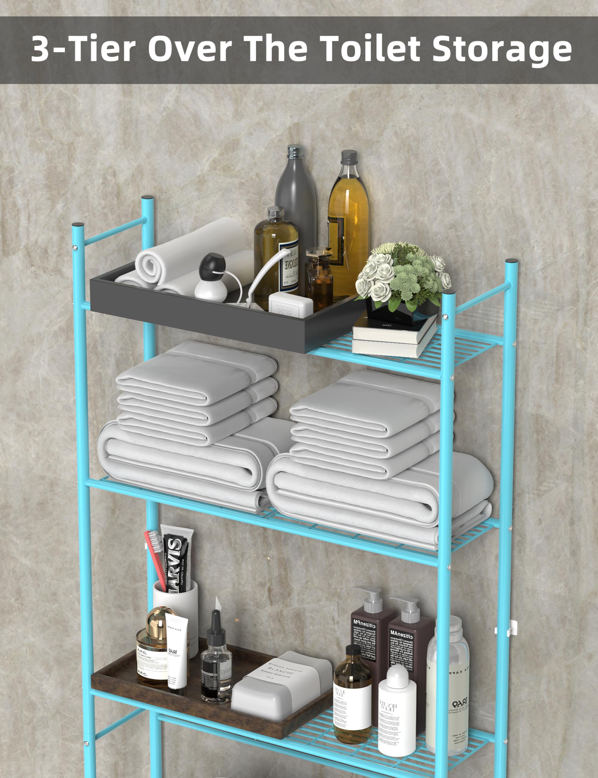 Livilord Over The Toilet Storage, 3-Tier Metal Bathroom Shelves, Freestanding above Toilet Storage Shelf with 4 Hooks for Bathroom, Blue