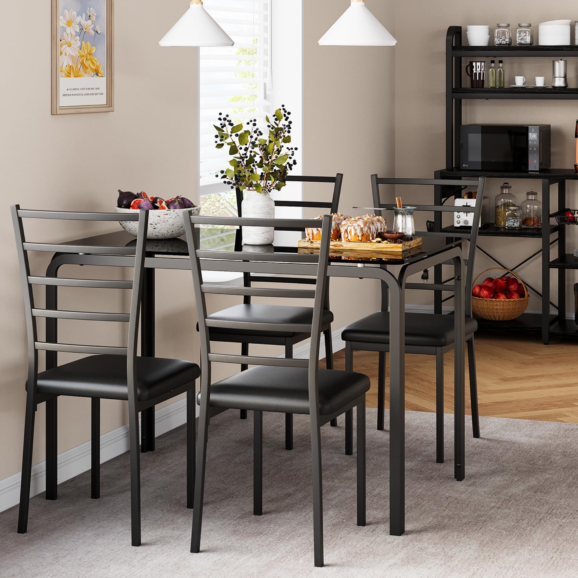 Glass Dining Table Set for 4, Kitchen Table and Chairs for 4, 5 Piece Kitchen Dining Room Table Set,Space-Saving Wood Modern Rectangle Dinner Table Dinette Furniture for Breakfast Nook,Home Office