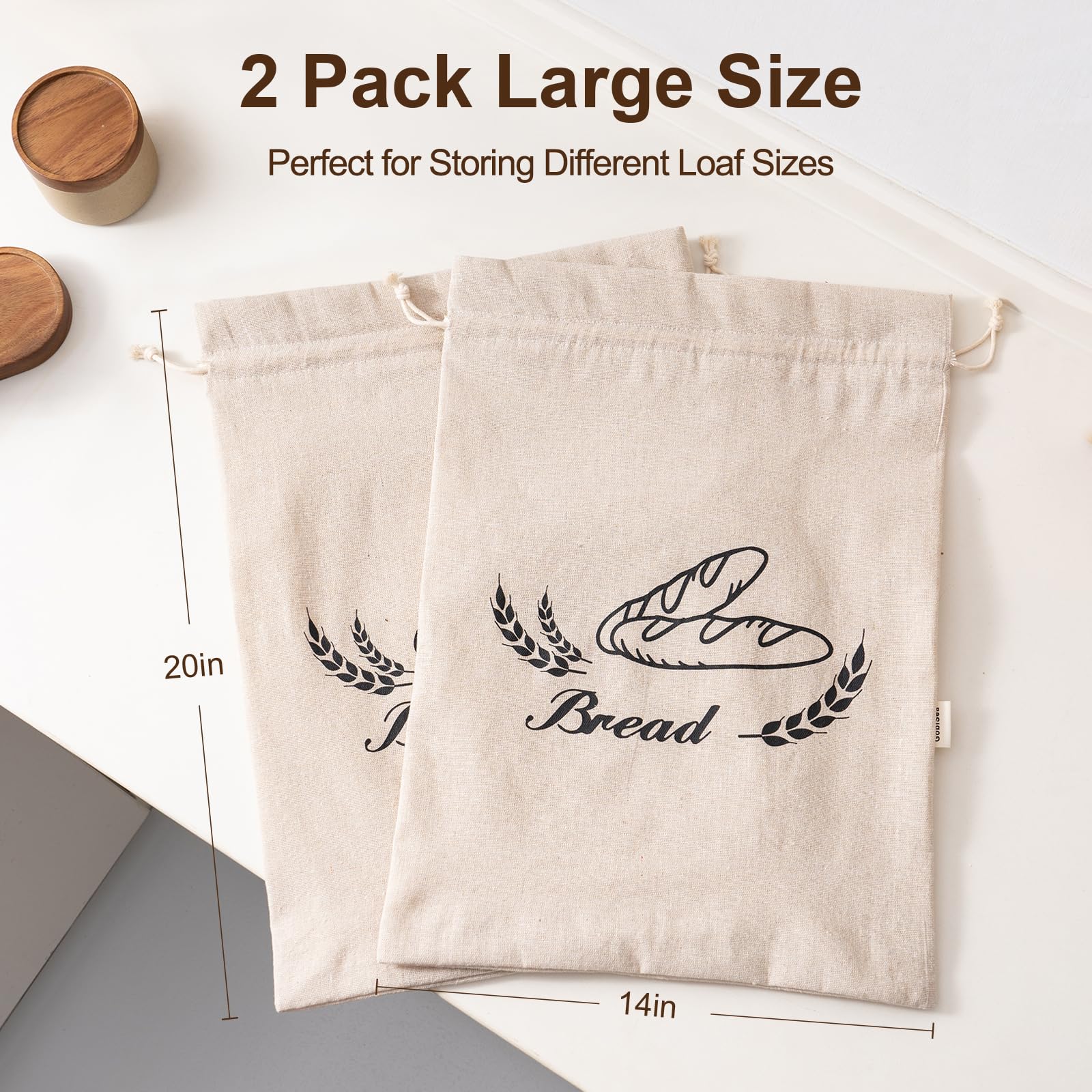 GobiSea 2 Pack Bread Bags for Homemade Bread - Plastic Lined - Reusable Linen Bread Bag with Plastic Liner For Sourdough & Bread Storage - 20" x 14"