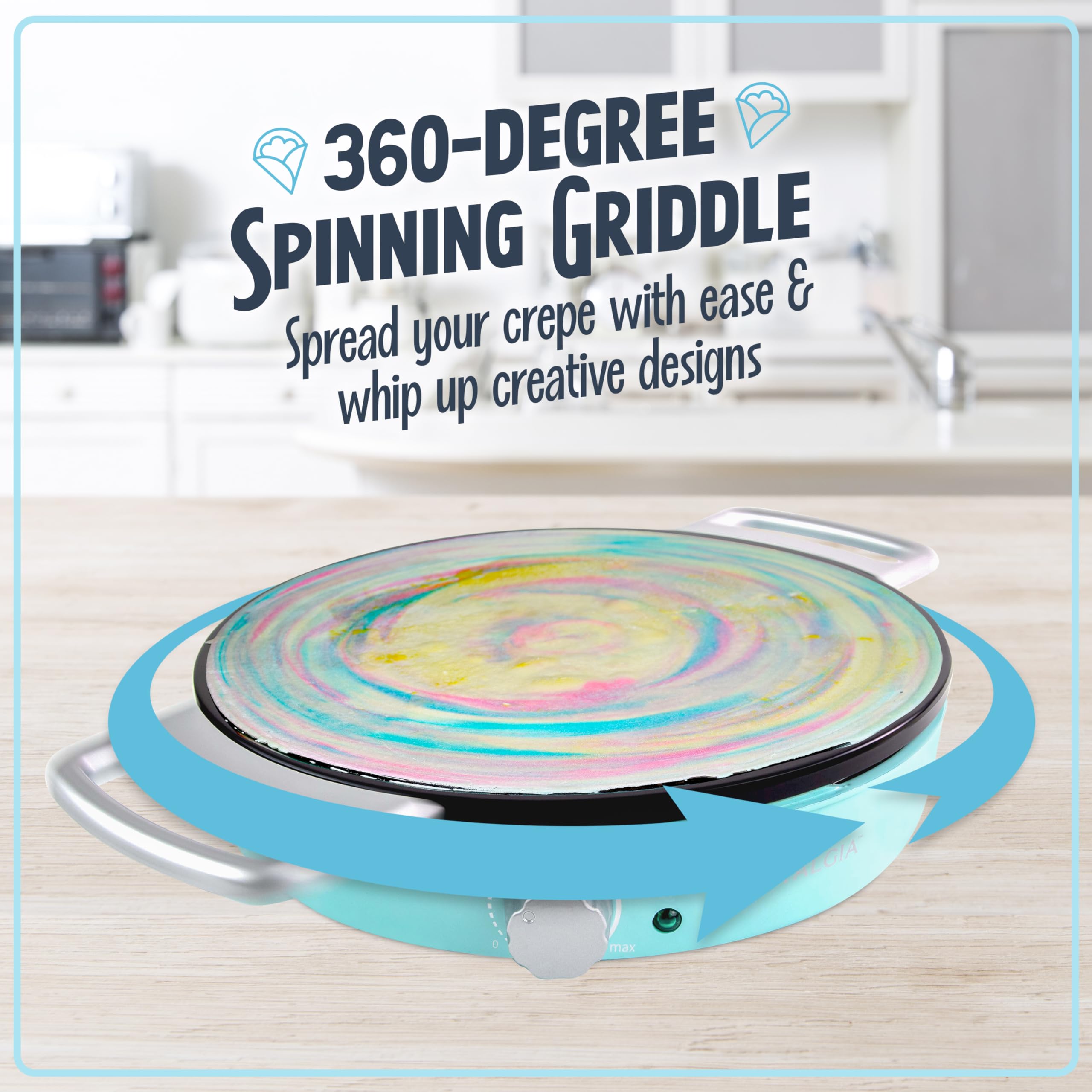 Nostalgia 12-Inch Spinning Crepe Maker for Pancake Breakfast Art with Non-Stick Cooking Griddle, Spatula and Batter Spreader Included