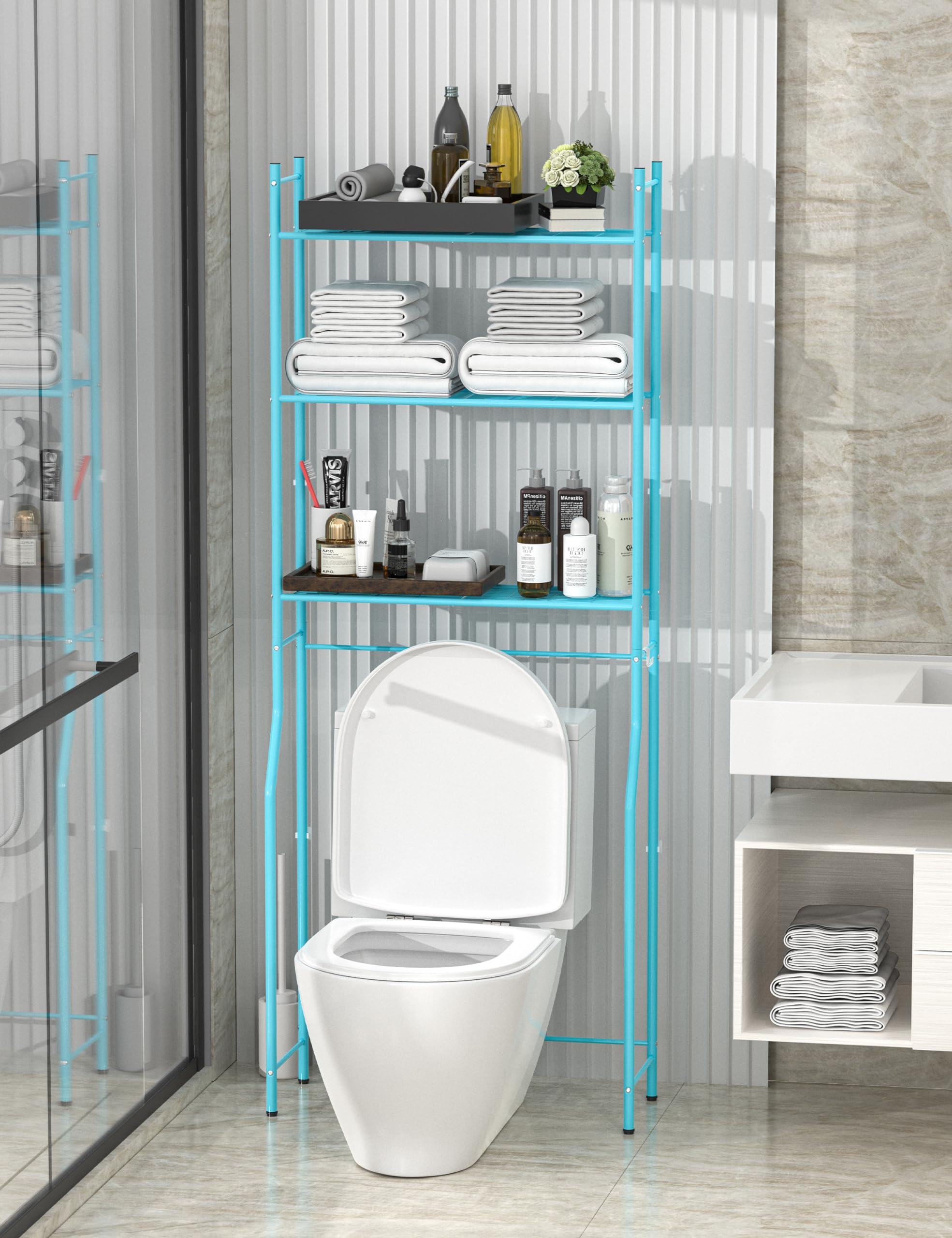 Livilord Over The Toilet Storage, 3-Tier Metal Bathroom Shelves, Freestanding above Toilet Storage Shelf with 4 Hooks for Bathroom, Blue