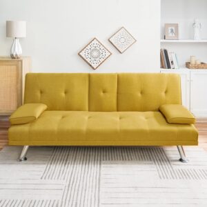 naomi home transform your living space with comfort green futon sofa bed with armrest, cupholders, & reclining function, ideal for cozy living rooms! sofa bed couch with metal legs, yellow linen