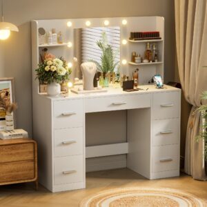 VICTONE Vanity Desk with LED Lighted Mirror&Power Outlet, 3 Model Lights Makeup Vanity Table with 7 Drawers and 6 Storage Shelves for Bedroom and Dressing Room (White)