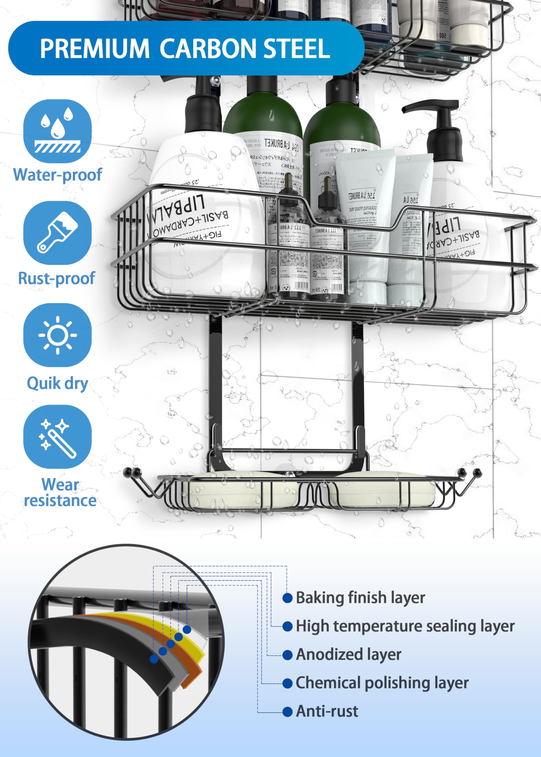 Turfson Hanging Shower Caddy Over Shower Head,Height Adjustable Shower Organizer Hanger Storage Rack Shelf For Inside Rustproof Bathroom Wall Basket With Soap Shampoo Holder Organization Black