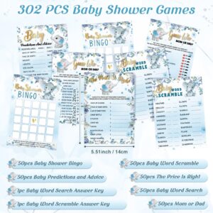 Jetec 302 Pcs Blue Elephant Theme Baby Shower Games, 6 Games, 50 Sheets Each, Include Baby Shower Bingo, Word Scramble, Word Search, Baby Predictions and Advice, The Price is Right, Guess Who