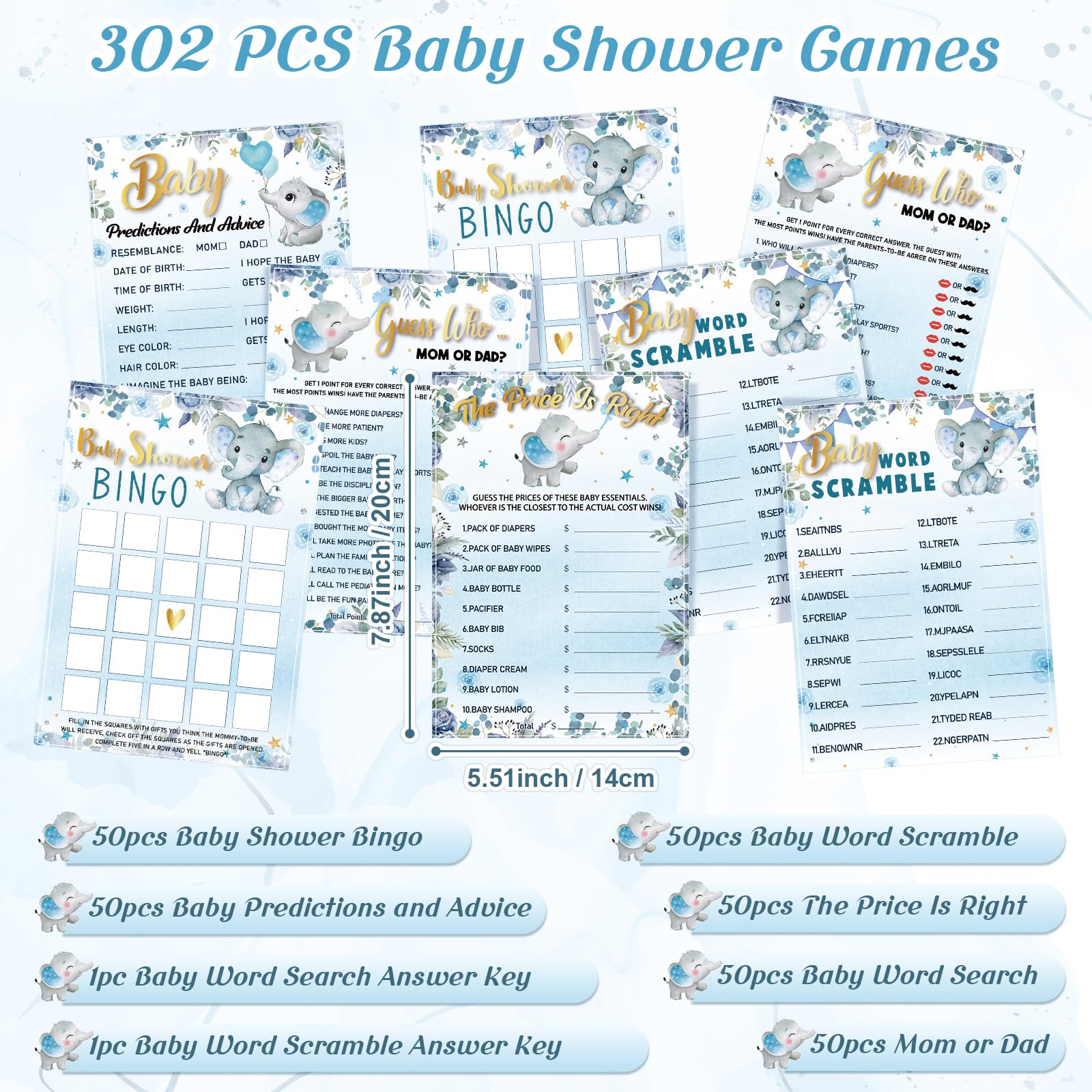 Jetec 302 Pcs Blue Elephant Theme Baby Shower Games, 6 Games, 50 Sheets Each, Include Baby Shower Bingo, Word Scramble, Word Search, Baby Predictions and Advice, The Price is Right, Guess Who